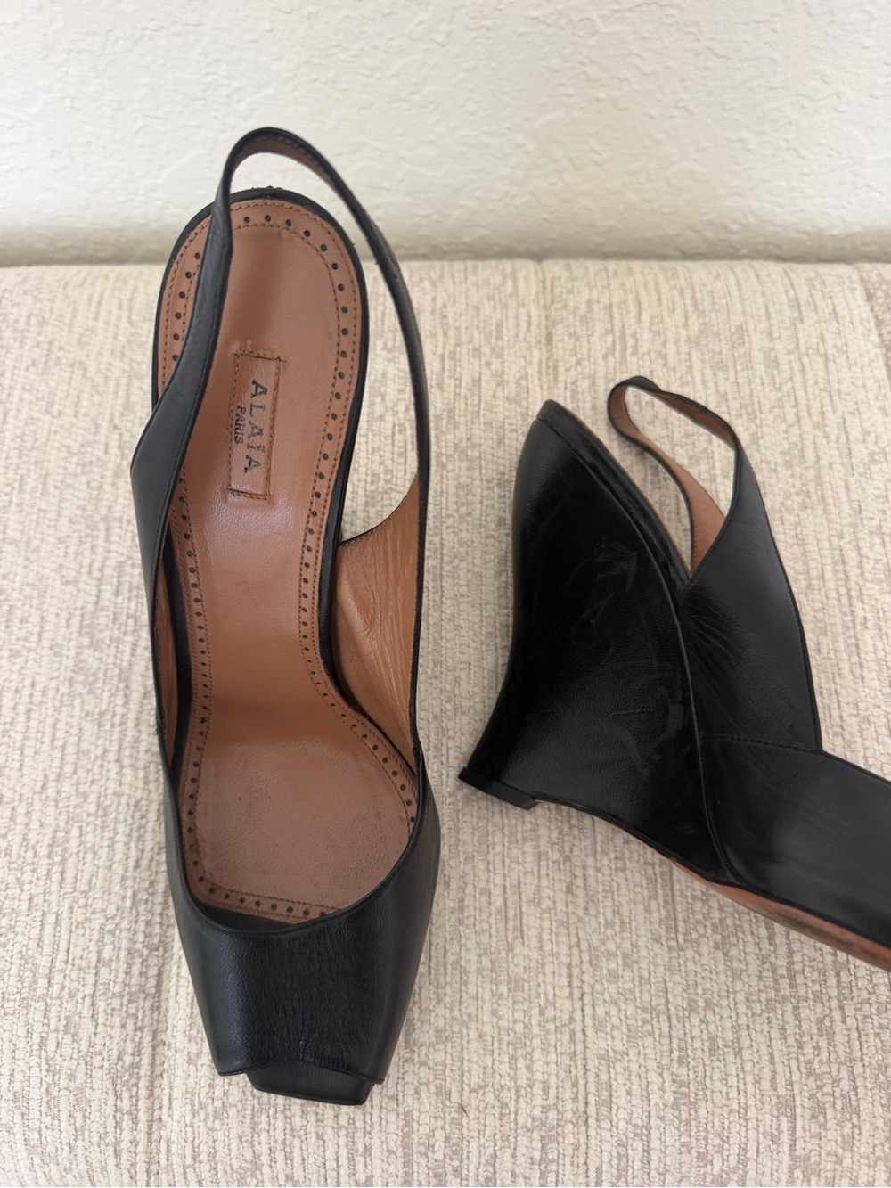 Alaia Black Leather Peep-Toe Slingback Wedges